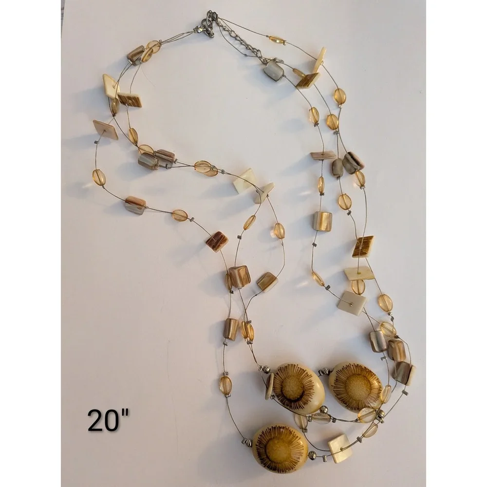 Boho Multi Strand Illusion Necklace Shell Wood Resin Beaded Statement Brown Tan
